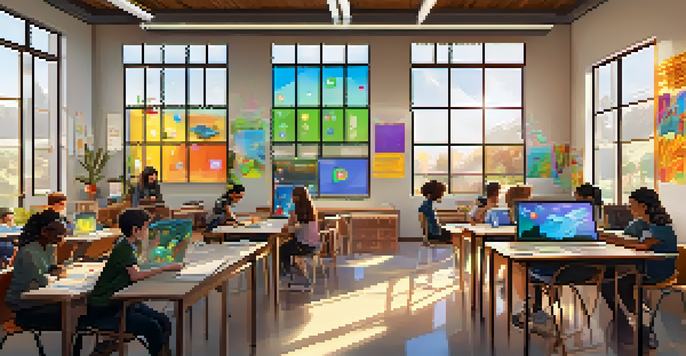 A bright classroom where diverse students are engaged in decentralized learning, using digital devices to collaborate, with NFTs displayed on their screens.