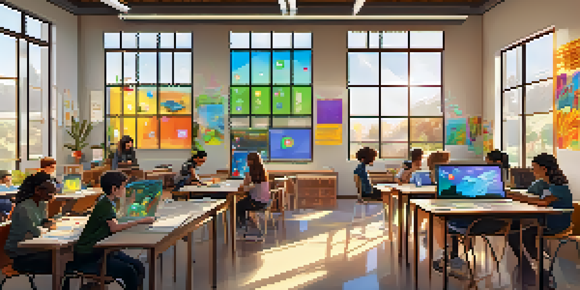 A bright classroom where diverse students are engaged in decentralized learning, using digital devices to collaborate, with NFTs displayed on their screens.