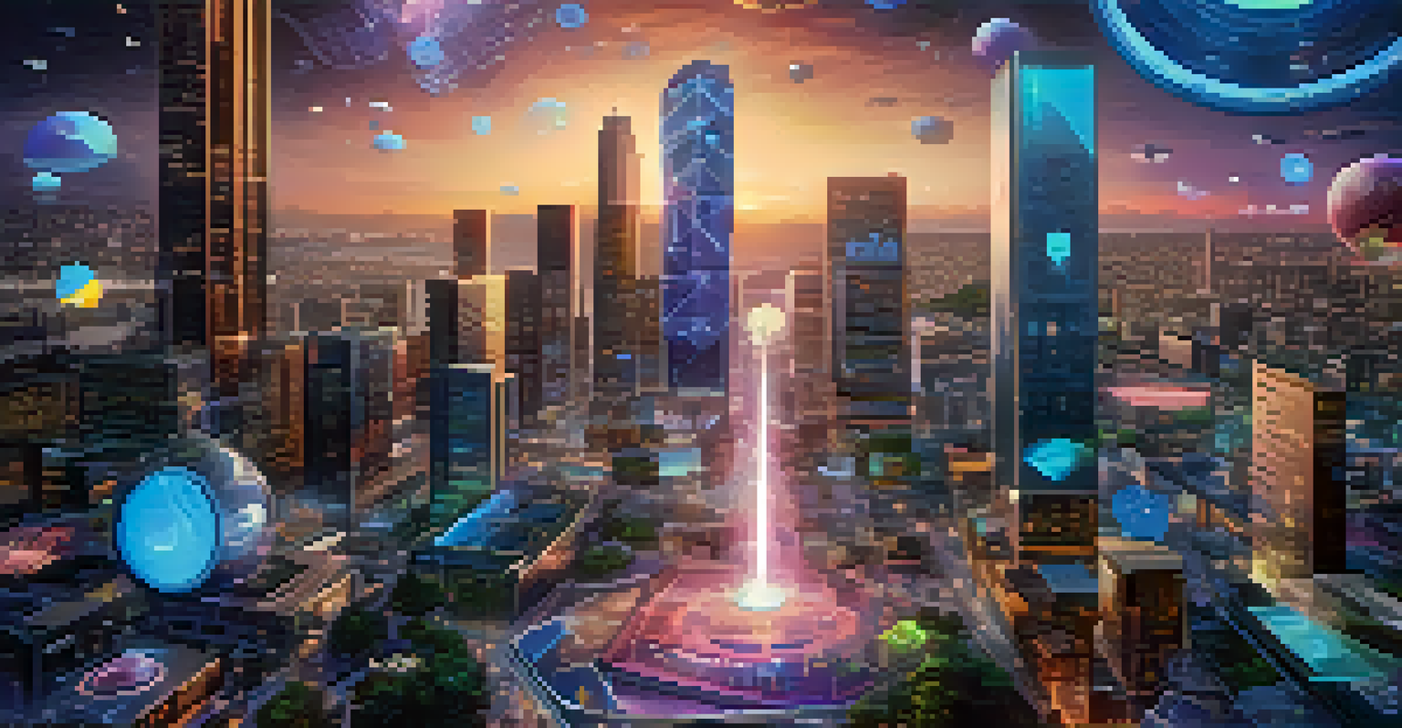 A visual representation of NFTs as unique digital tokens among a futuristic cityscape.