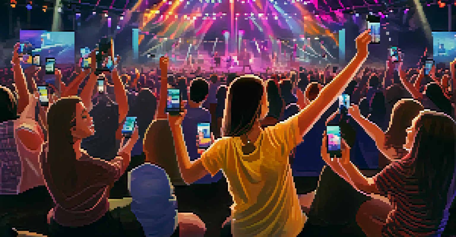 Fans at a virtual concert holding smartphones displaying NFTs as tickets, with a musician performing on stage in a colorful setting.