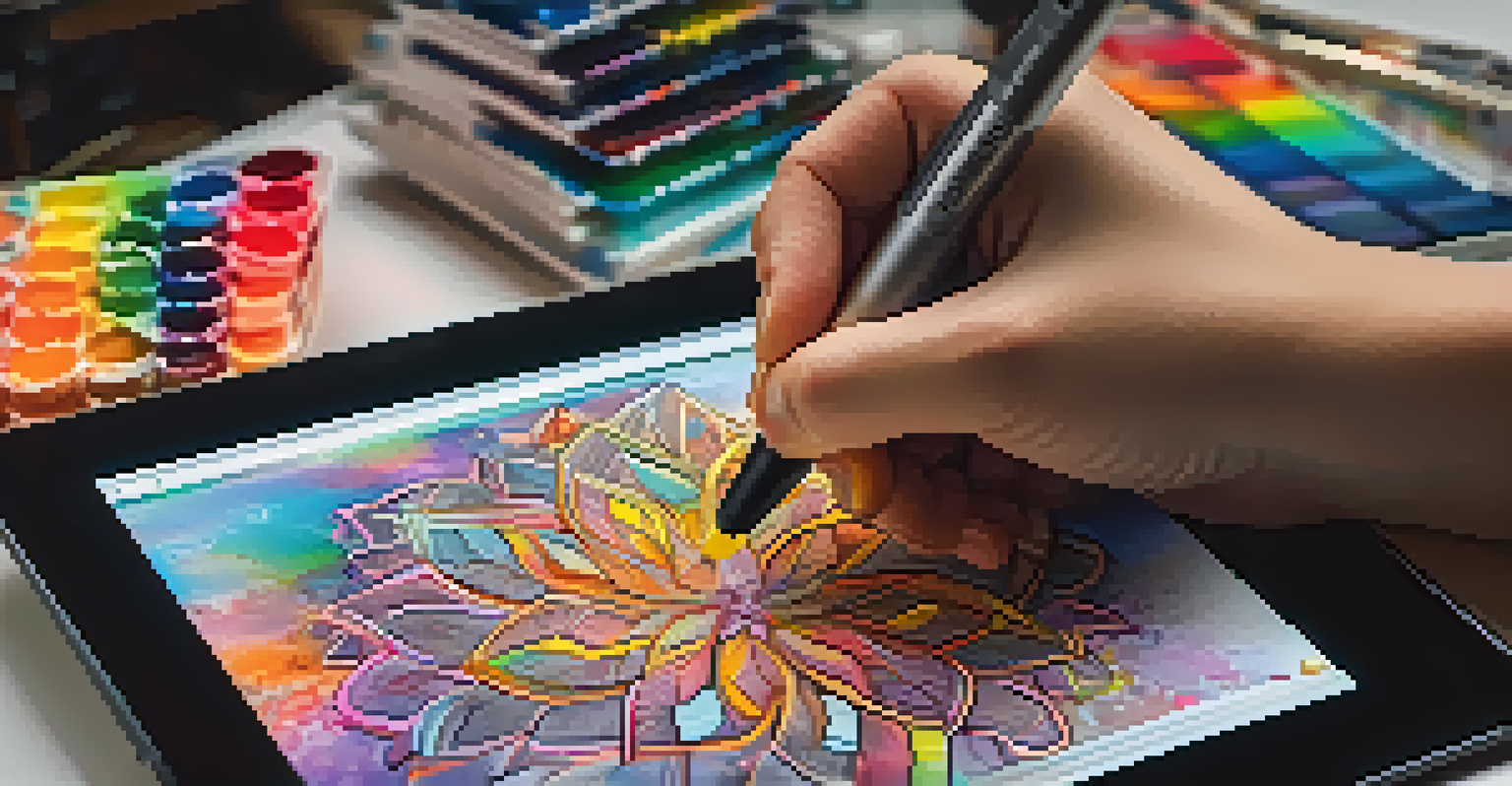 A digital artist creating an NFT artwork on a tablet, with colorful strokes visible on the screen and tools scattered around.