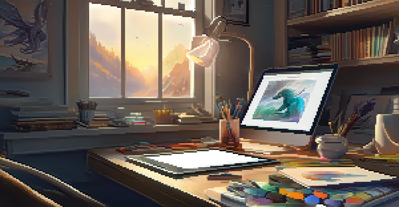 A close-up of an artist's workspace with a digital tablet showing a painting of a mythical creature, surrounded by art supplies.