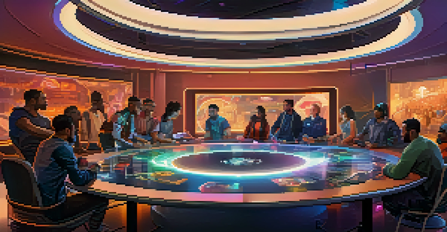 A conceptual scene of diverse players discussing game developments at a circular table, symbolizing community governance in NFT gaming.