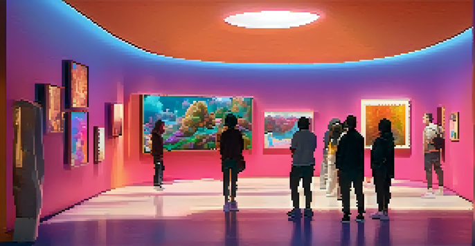 A digital art gallery filled with various NFTs displayed on screens, with people discussing the artworks in a softly lit environment.