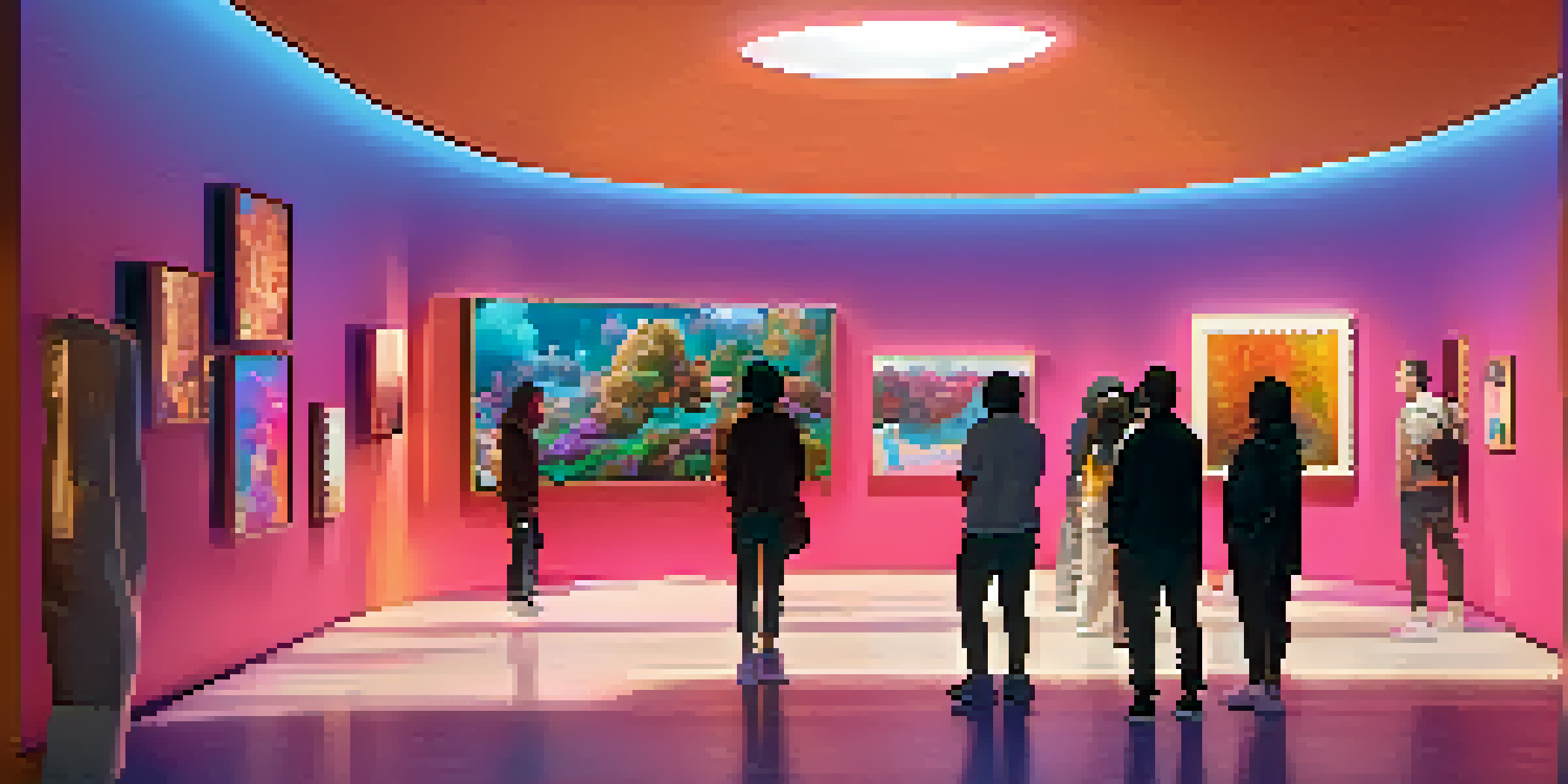 A digital art gallery filled with various NFTs displayed on screens, with people discussing the artworks in a softly lit environment.