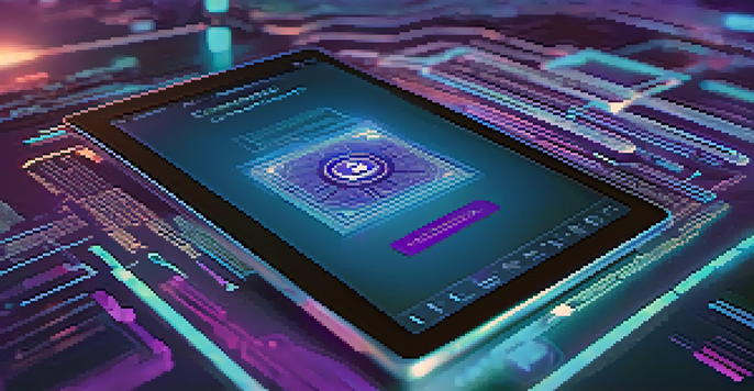 A futuristic tablet displaying a digital contract with blockchain symbols in the background, illuminated by soft light.