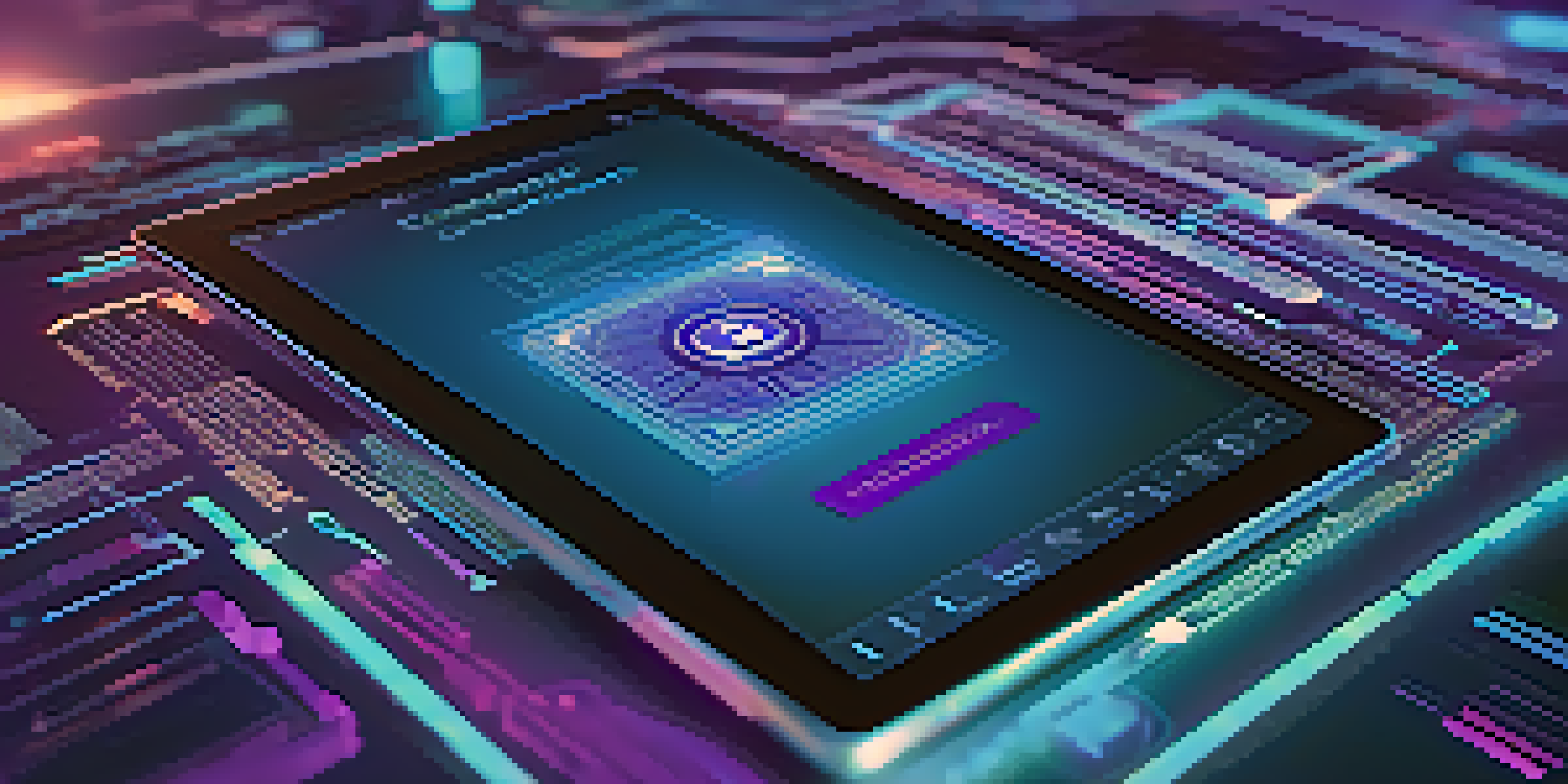 A futuristic tablet displaying a digital contract with blockchain symbols in the background, illuminated by soft light.