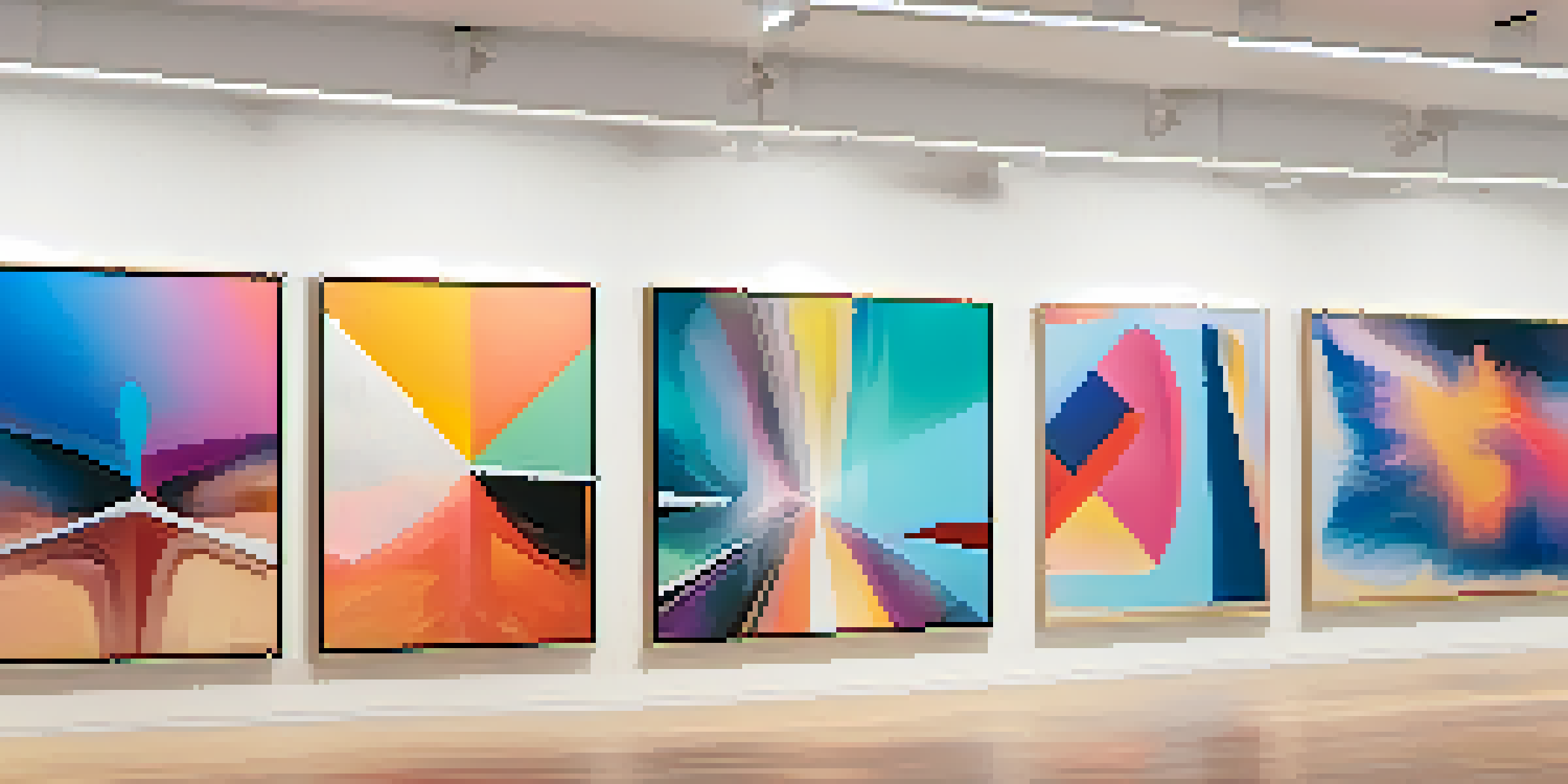 A digital art gallery displaying colorful abstract NFTs in sleek frames, with soft lighting and a modern, minimalistic art space.