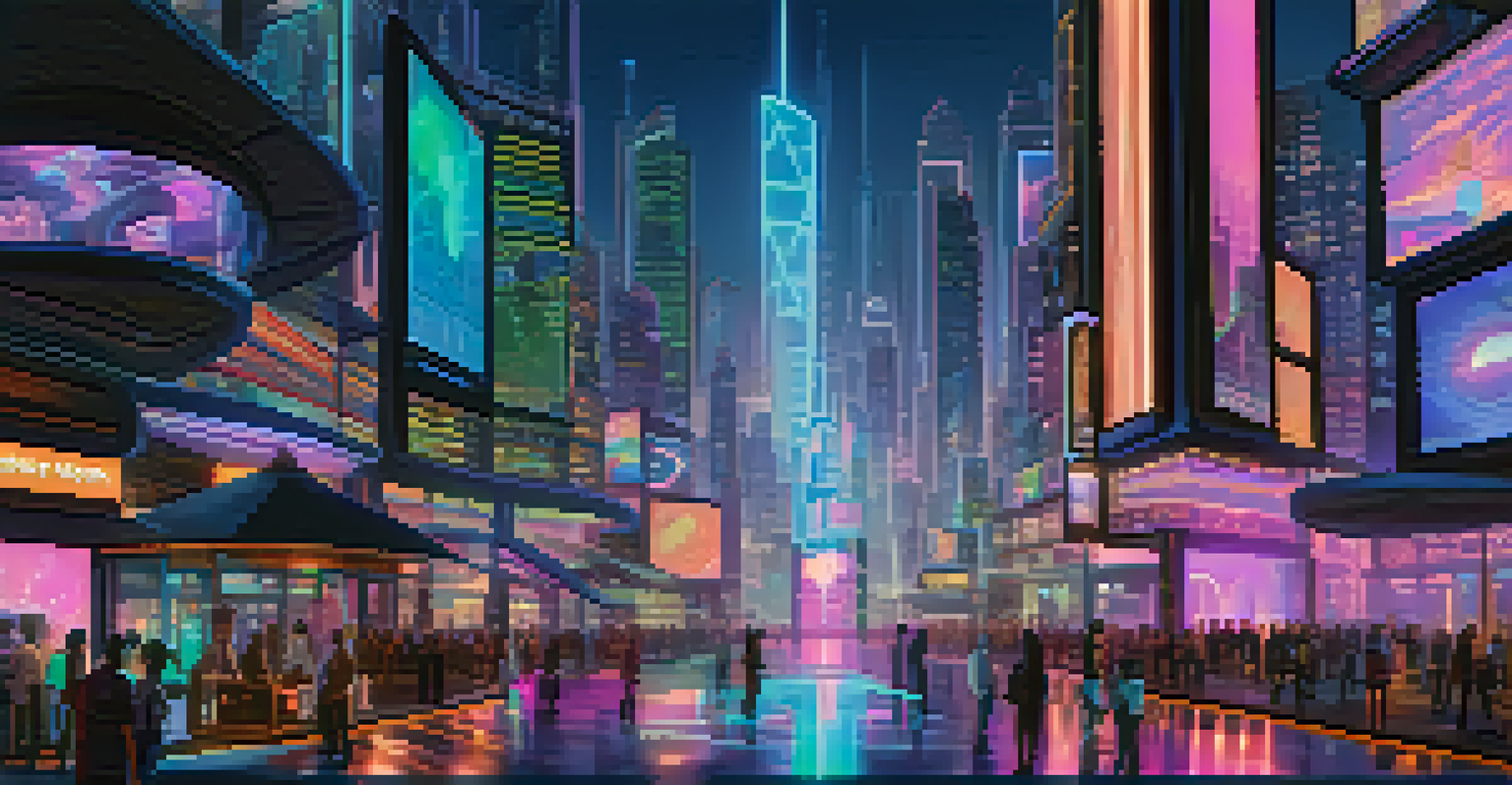 A futuristic cityscape with floating holograms of NFTs, illuminated by neon lights and surrounded by high-tech buildings.