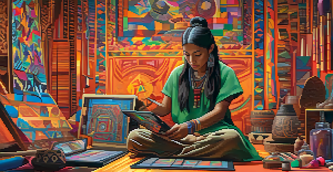 An Indigenous artist creating NFTs in a modern studio, with traditional artifacts and vibrant digital art around them, illuminated by warm lighting.