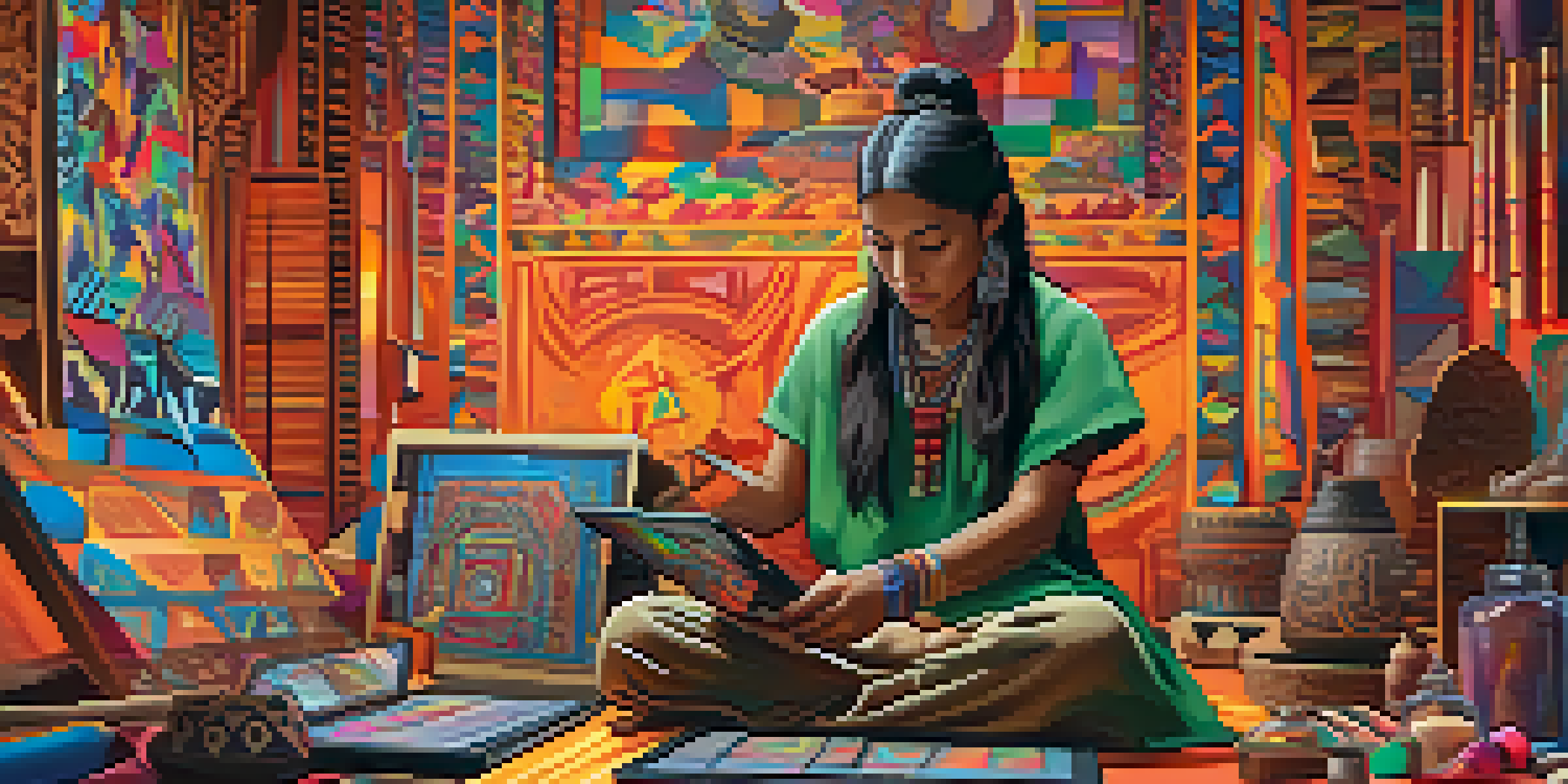 An Indigenous artist creating NFTs in a modern studio, with traditional artifacts and vibrant digital art around them, illuminated by warm lighting.