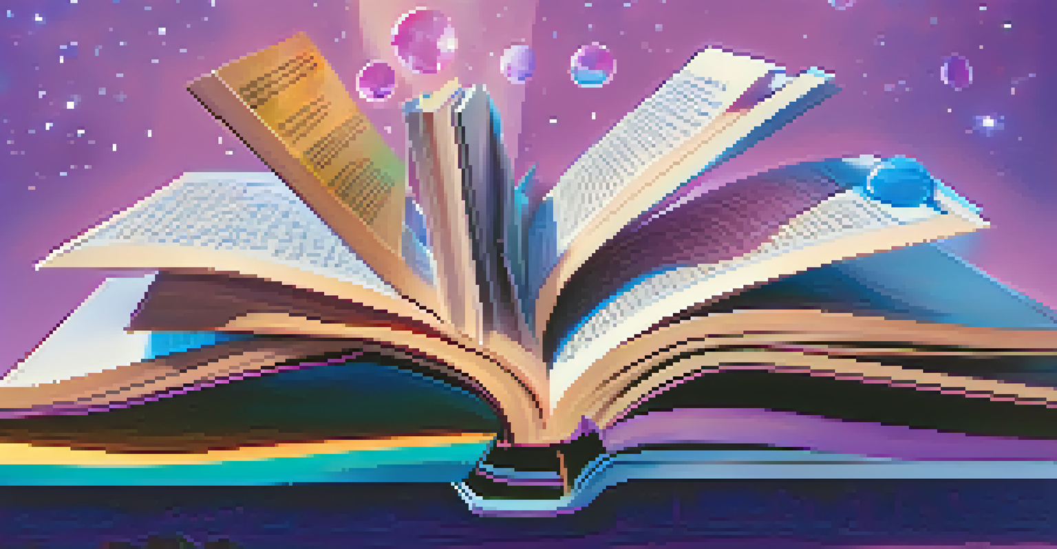 An open book with digital pages transforming into colorful floating NFTs, set against a mystical purple and blue gradient background.