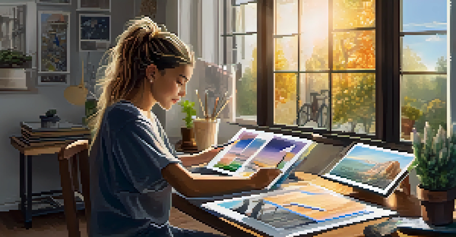 An artist immersed in creating NFT art on a tablet, surrounded by sketches in a sunny room.