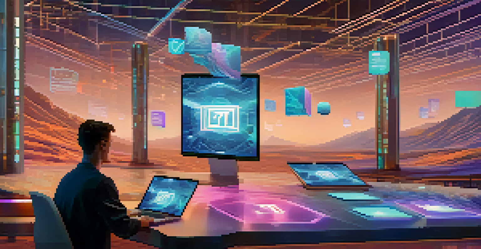 A user interacting with holographic interfaces representing different NFT marketplaces, showcasing the concept of interoperability.