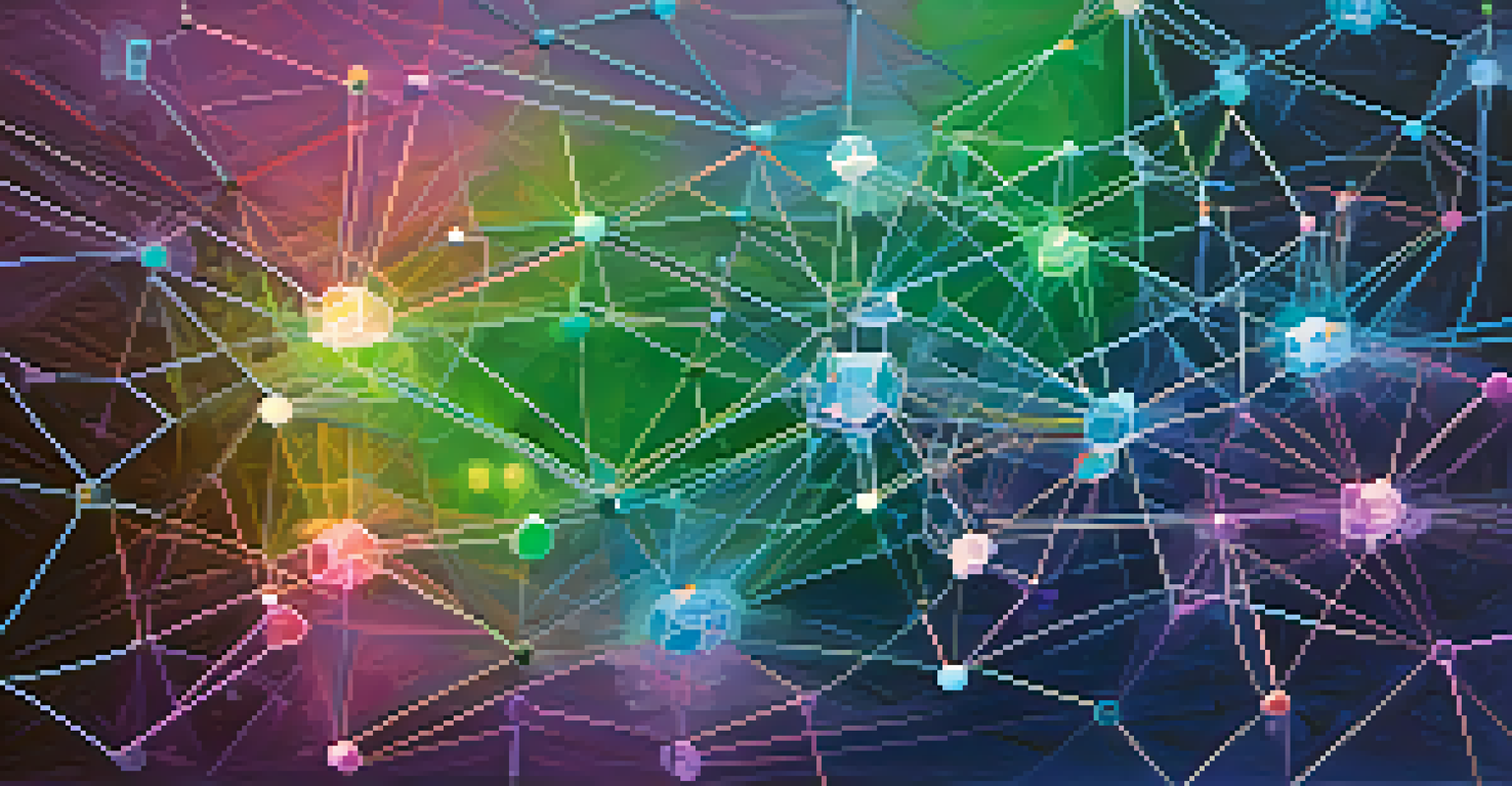 An abstract representation of decentralized finance in art, with glowing blockchain nodes connected by colorful digital art pieces.