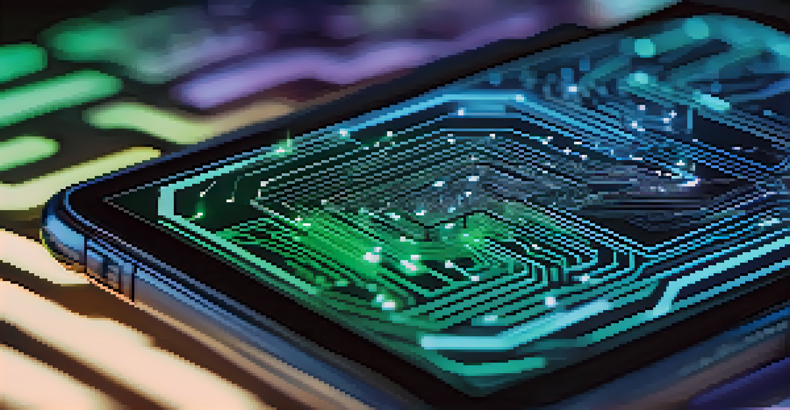 A close-up of a glowing blockchain ledger on a digital device with lines of code, set against a futuristic digital landscape.