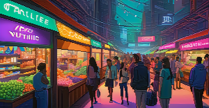 A lively NFT marketplace with people engaging with digital art displays.