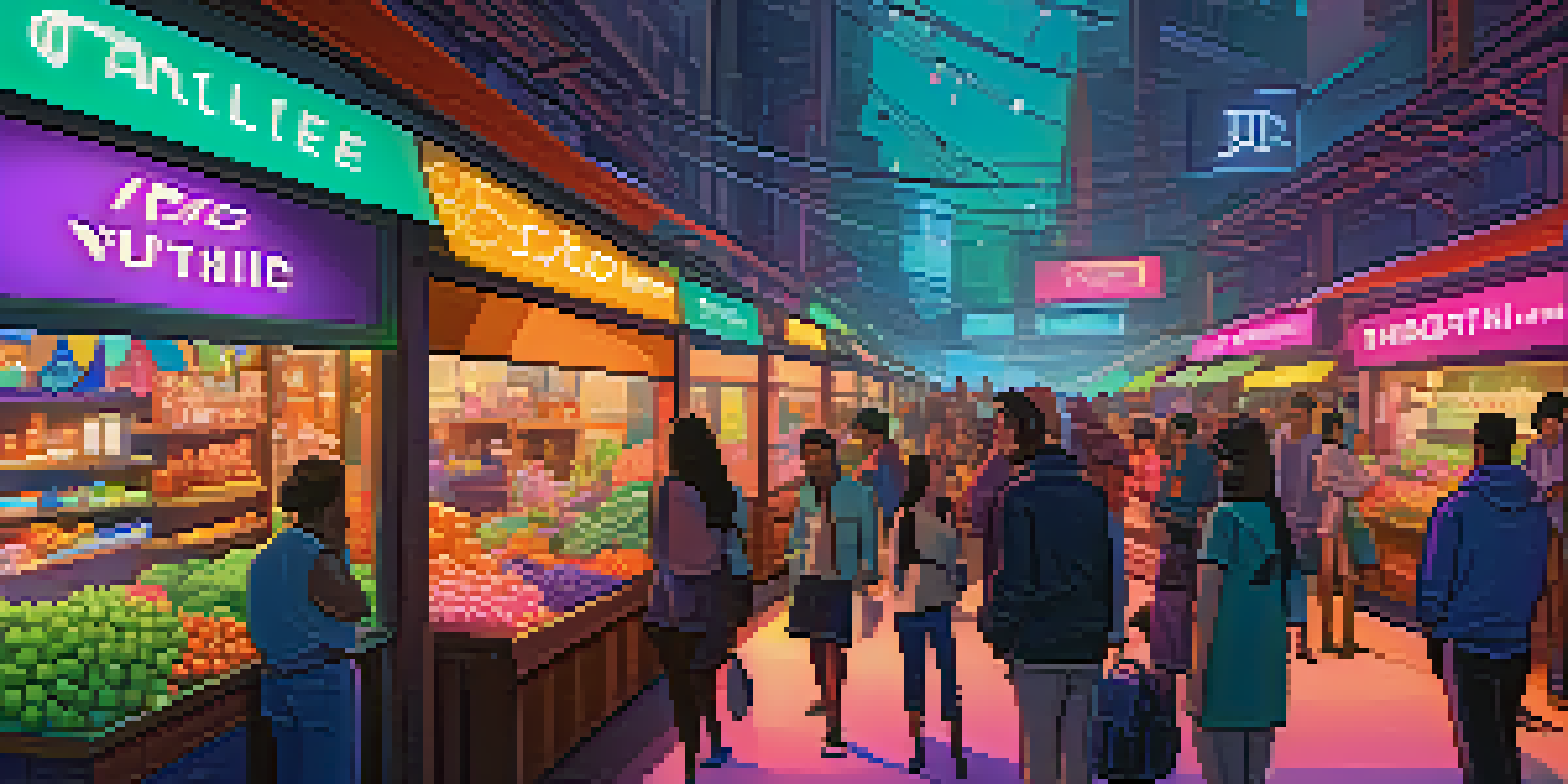 A lively NFT marketplace with people engaging with digital art displays.