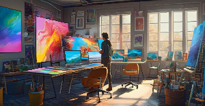 An artist in a vibrant digital studio working on a tablet, surrounded by colorful canvases and NFT artworks with sunlight filtering through the windows.