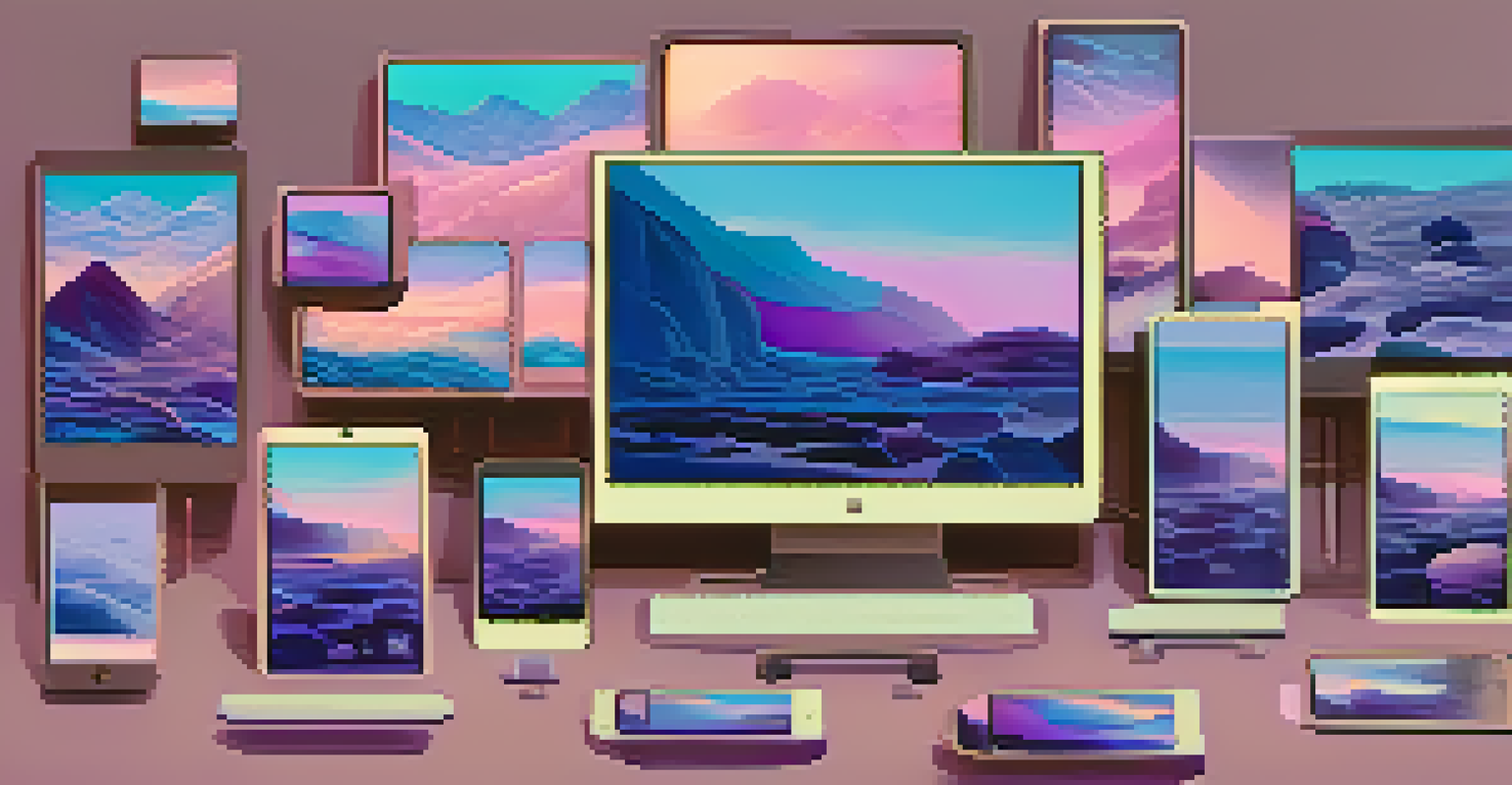 Multiple mobile devices showcasing a variety of digital art as NFTs against a colorful background.