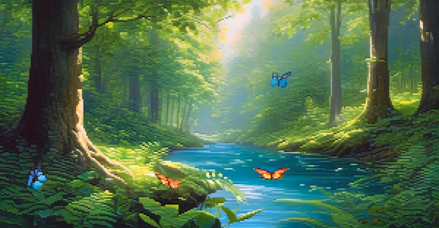A peaceful virtual forest landscape with green trees and a blue river, illuminated by soft sunlight.