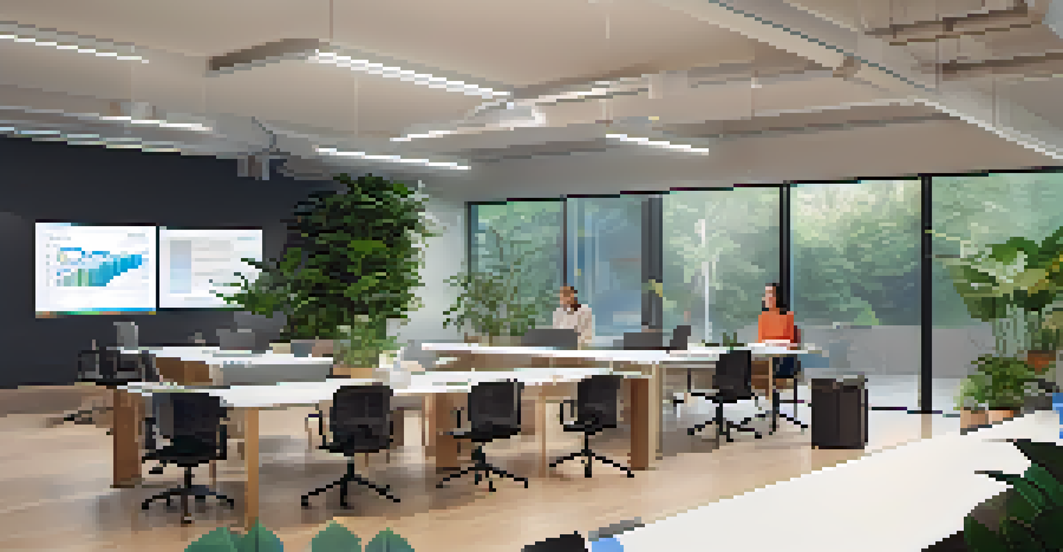 A diverse group of people discussing NFT regulations in a bright office space, with charts on a screen and natural elements in the decor.