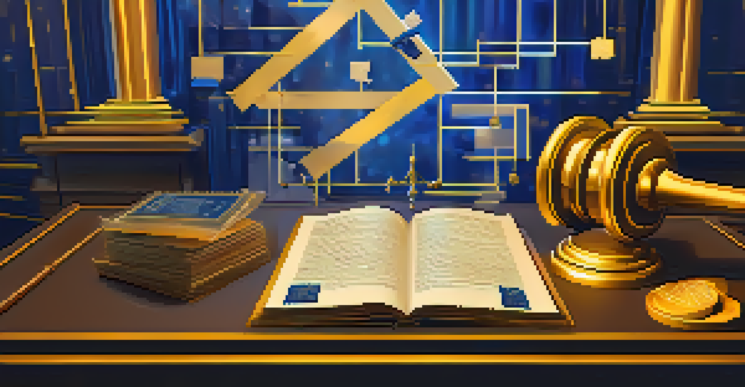 An abstract depiction of legal documents, a gavel, and blockchain symbols, symbolizing the legal aspects of NFTs.
