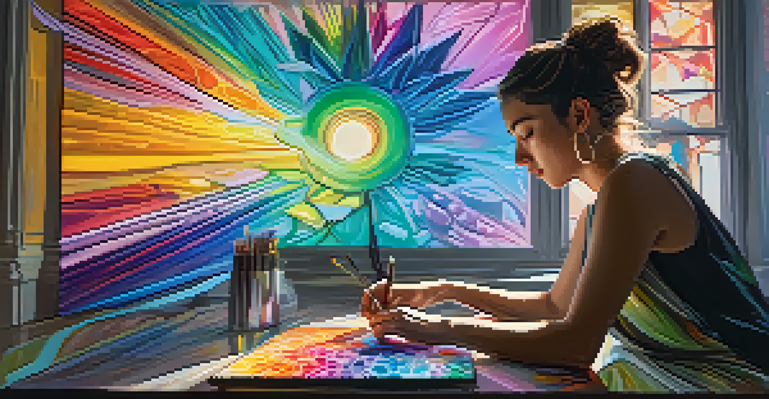 A female artist creating a unique NFT artwork on a digital canvas, surrounded by vibrant colors and digital tools, with sunlight streaming through a window.