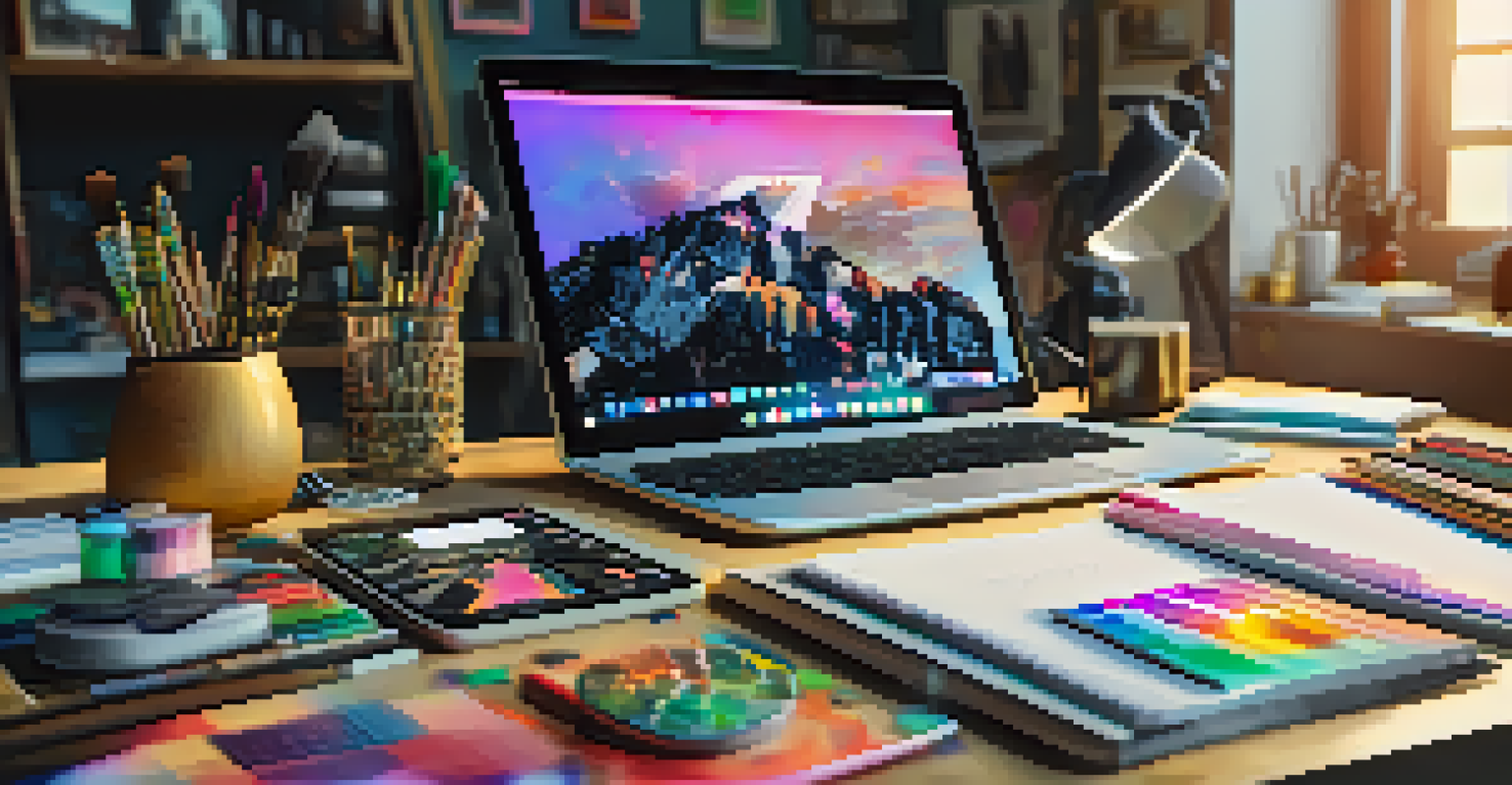 A creative workspace with a digital tablet showing an NFT design, surrounded by art supplies and a laptop, bathed in natural light.