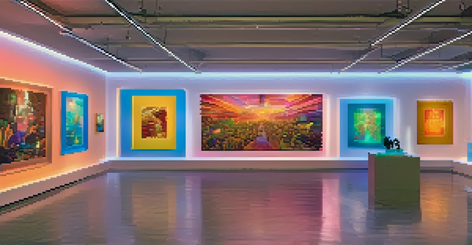 A digital art gallery filled with diverse people admiring and discussing various NFTs displayed on screens, illuminated by soft ambient lighting.