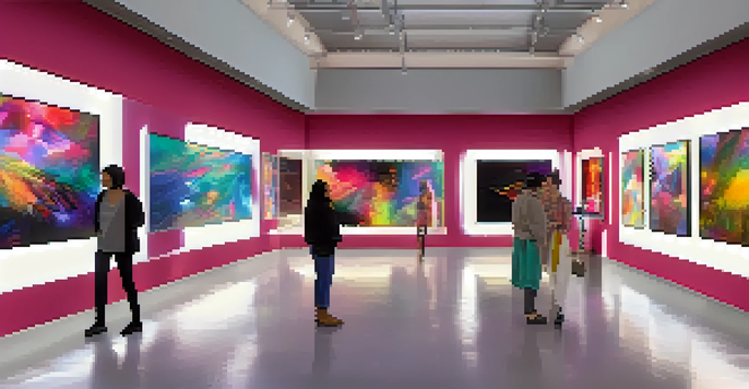 An art gallery showcasing various digital artworks on screens, with visitors admiring the pieces under soft ambient lighting.