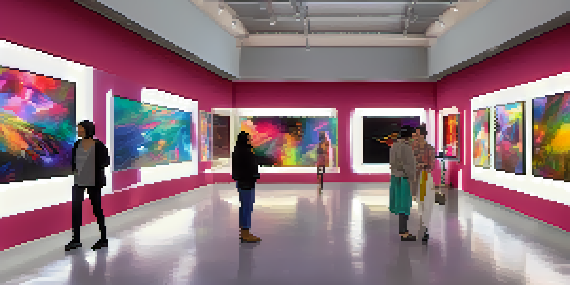 An art gallery showcasing various digital artworks on screens, with visitors admiring the pieces under soft ambient lighting.