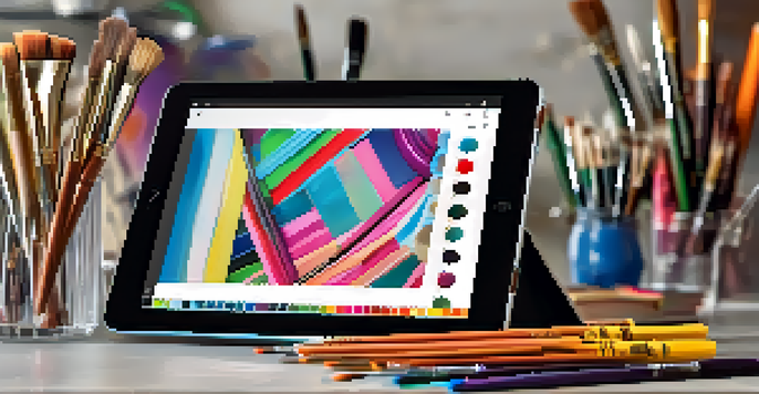 A digital artwork on a tablet surrounded by artistic tools, with vibrant colors and soft lighting.