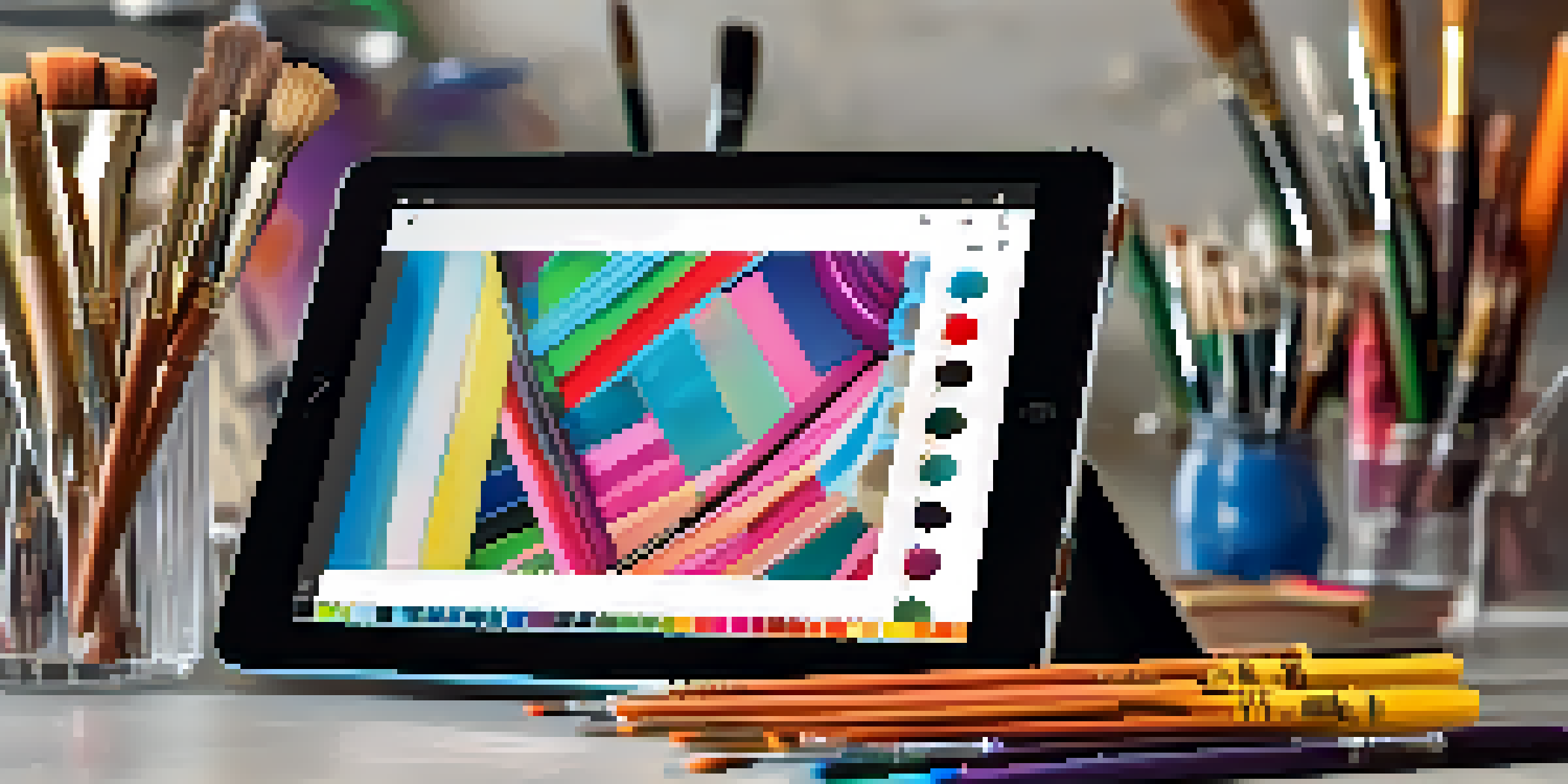 A digital artwork on a tablet surrounded by artistic tools, with vibrant colors and soft lighting.