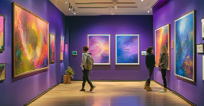 A digital gallery filled with colorful abstract art NFTs and diverse people discussing the artwork.