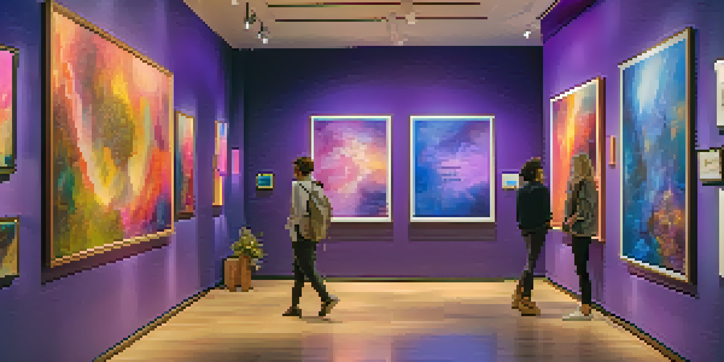 A digital gallery filled with colorful abstract art NFTs and diverse people discussing the artwork.