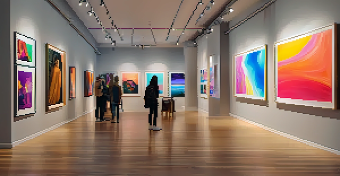 A digital art gallery filled with various NFT artworks, with visitors admiring the pieces in a warmly lit environment.