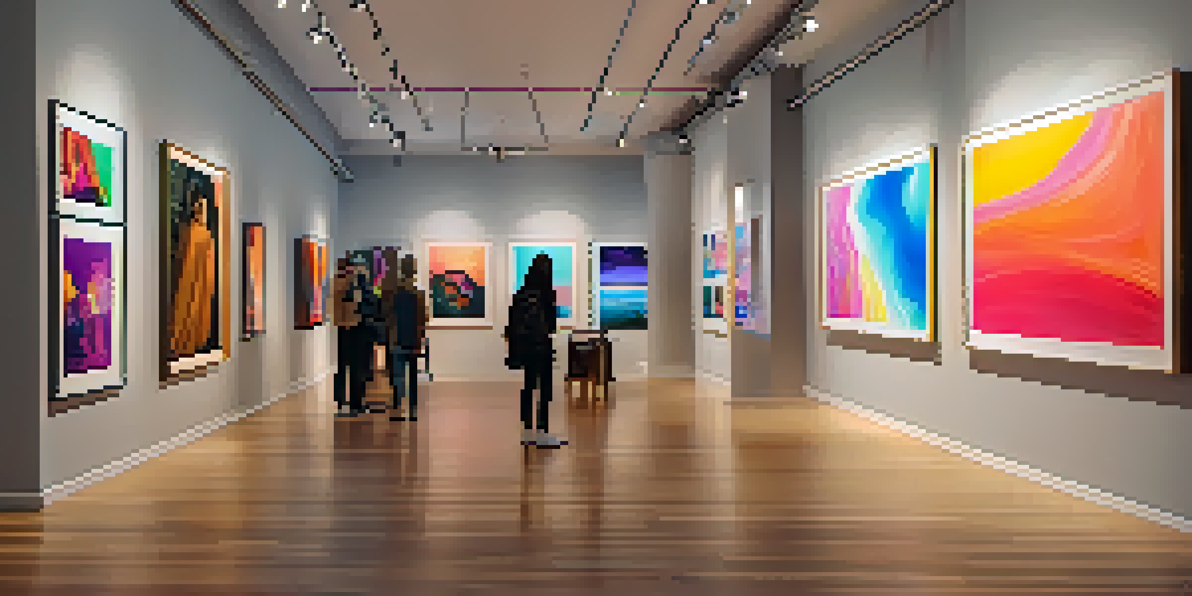 A digital art gallery filled with various NFT artworks, with visitors admiring the pieces in a warmly lit environment.