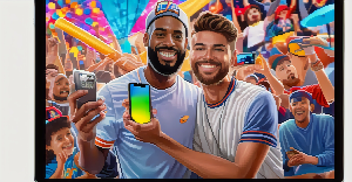 A sports fan displaying a digital NFT collectible on their smartphone, with a colorful virtual background of team highlights.