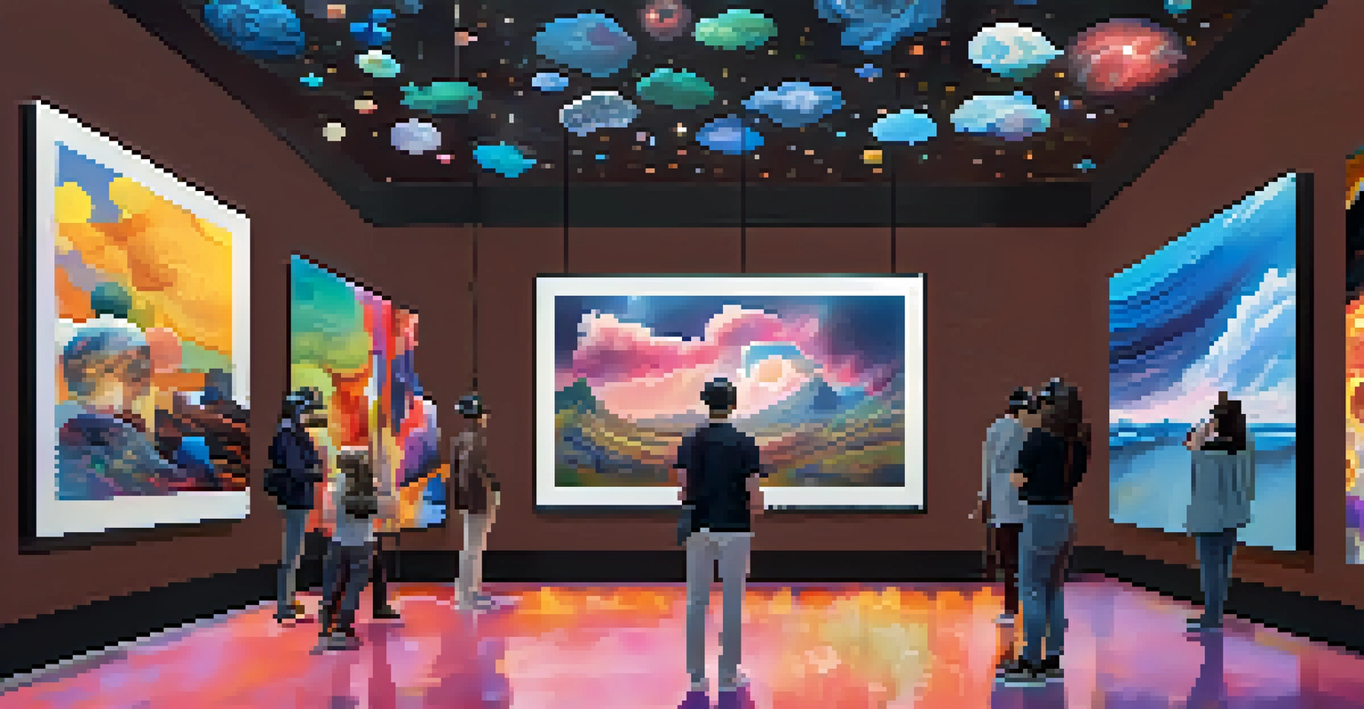 A metaverse art exhibition with users in augmented reality headsets exploring floating digital artworks in a surreal landscape.