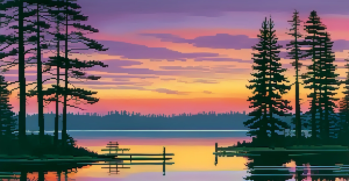 A picturesque sunset over a calm lake with colorful reflections, surrounded by pine trees and a wooden dock.