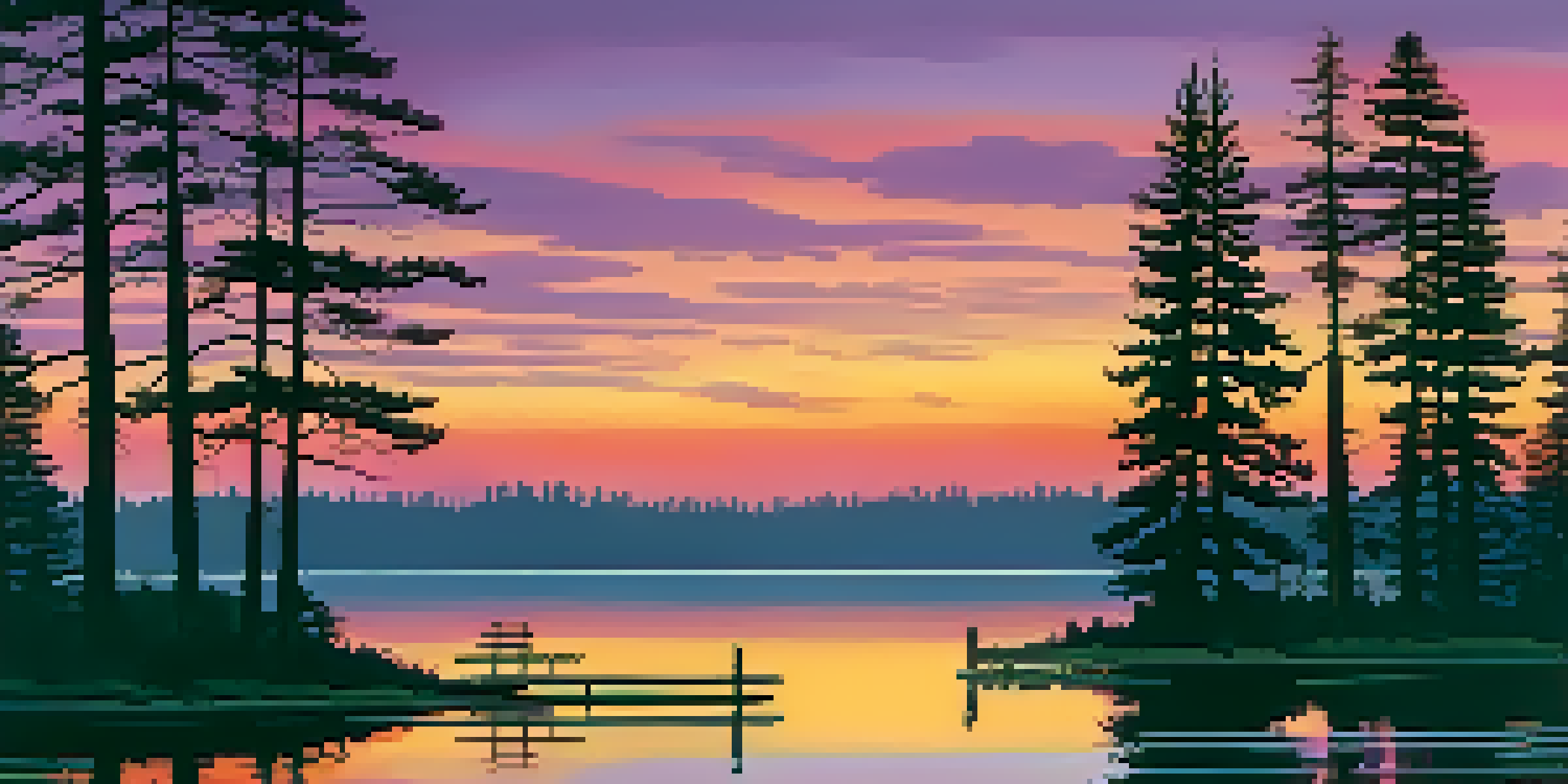 A picturesque sunset over a calm lake with colorful reflections, surrounded by pine trees and a wooden dock.