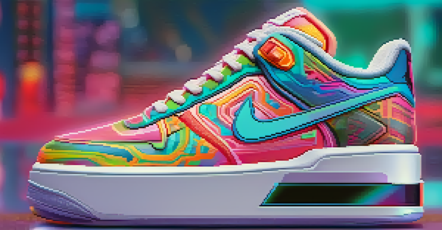 A close-up of a unique virtual sneaker with an NFT badge, displayed on a high-tech platform.
