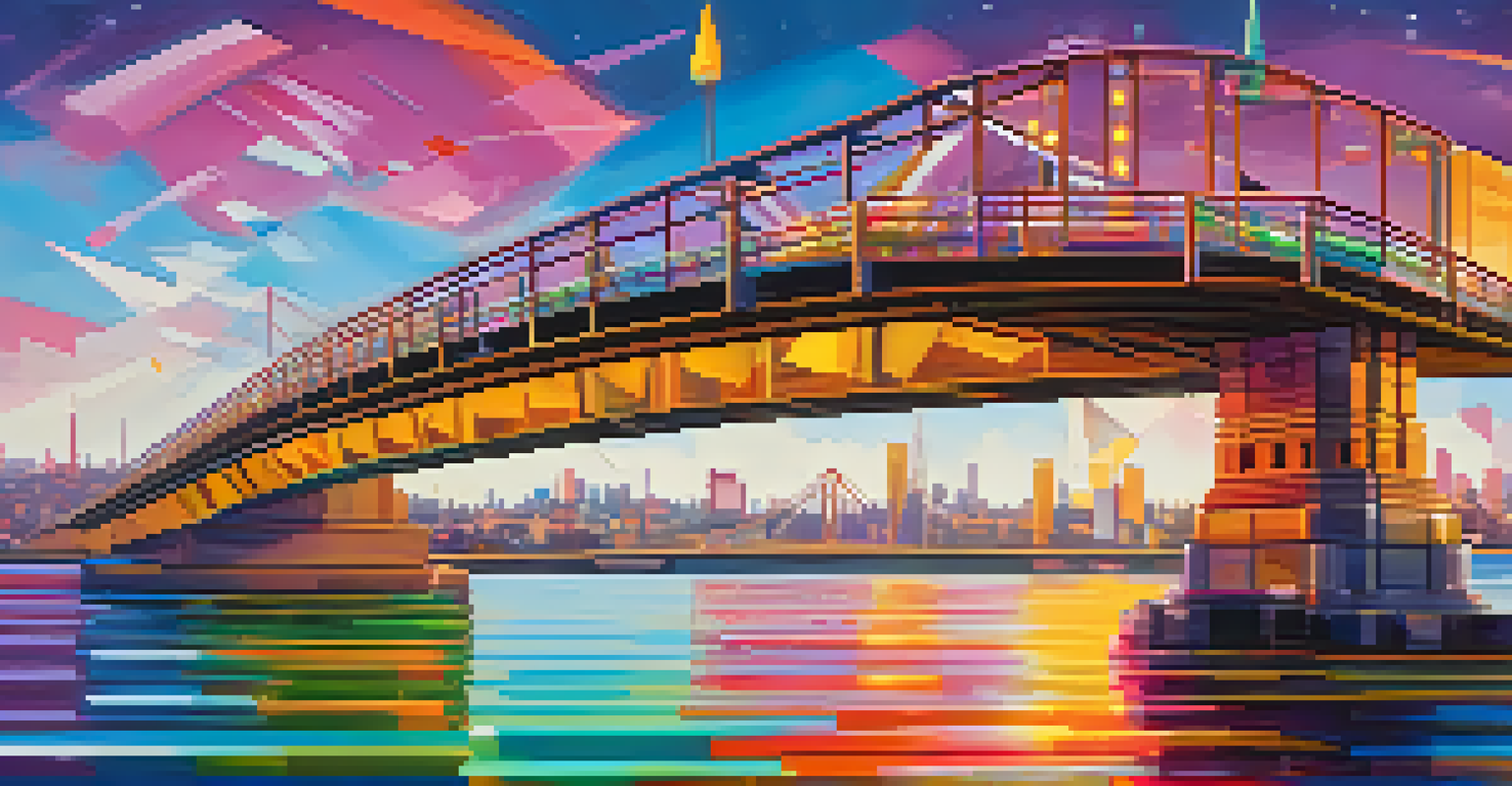 A colorful digital bridge adorned with NFT artworks, representing the connection between creators and collectors.