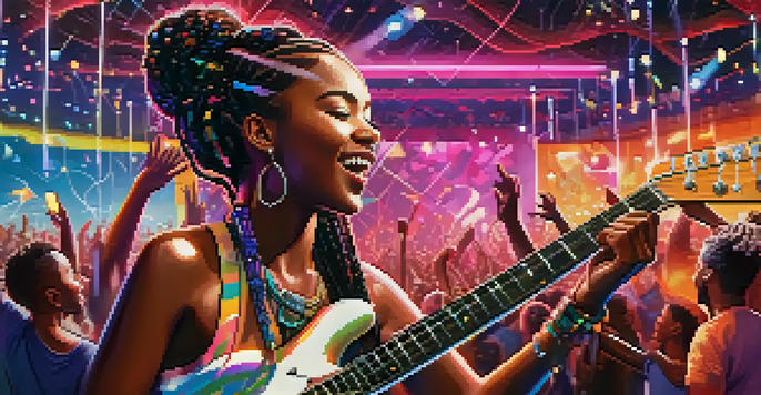 A young Black woman playing an electric guitar on stage, surrounded by colorful lights and an excited crowd, with abstract sound wave patterns in the background.