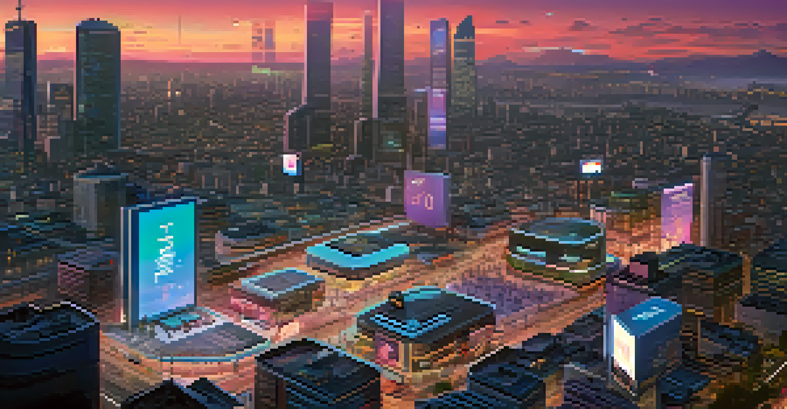 A futuristic city skyline at dusk with neon lights and digital billboards advertising NFTs, featuring people engaged with devices.