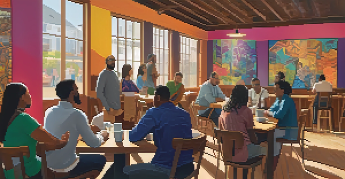 A diverse group of people discussing NFT governance in a cozy coffee shop, showcasing engagement and collaboration.