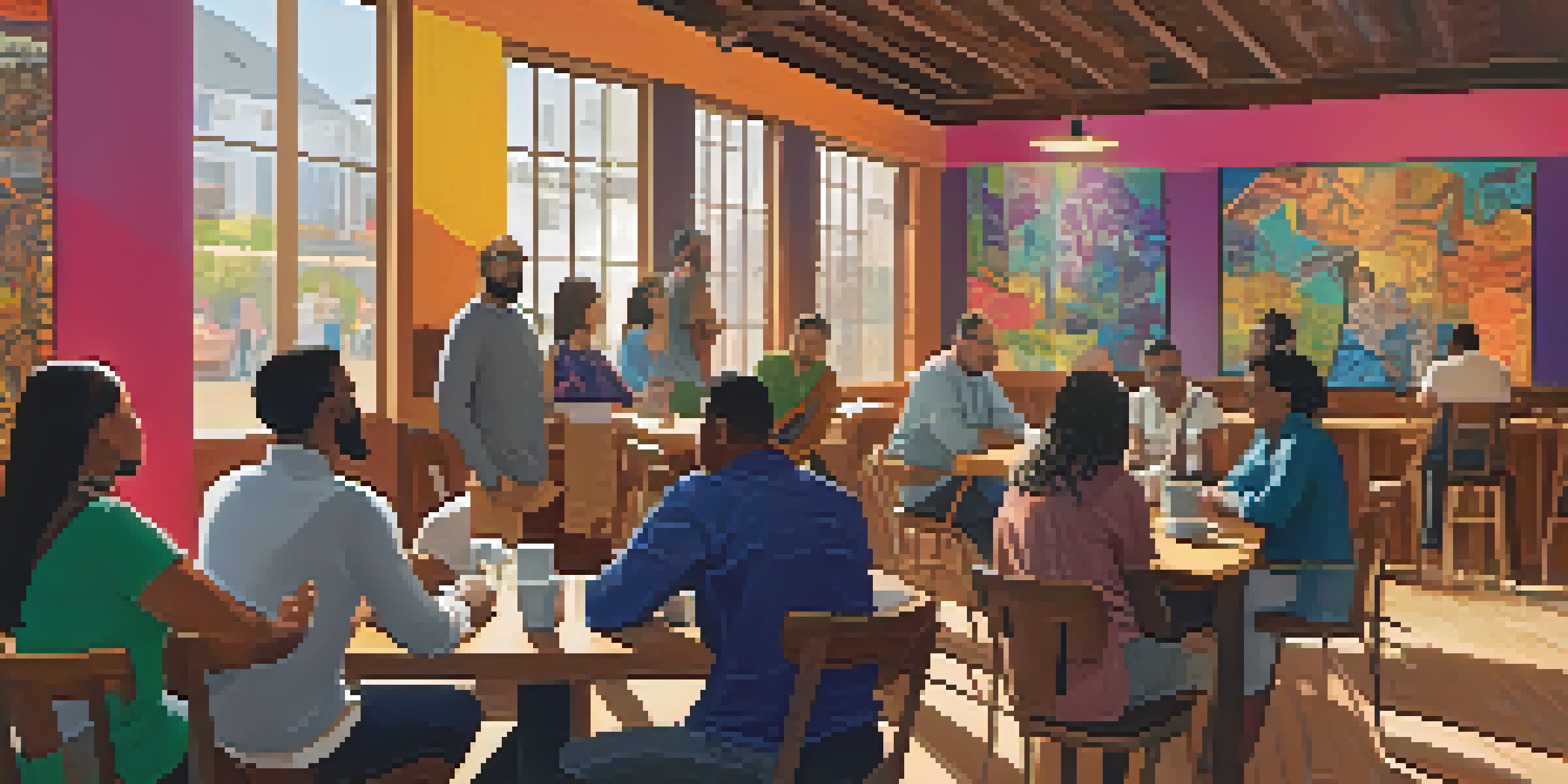 A diverse group of people discussing NFT governance in a cozy coffee shop, showcasing engagement and collaboration.