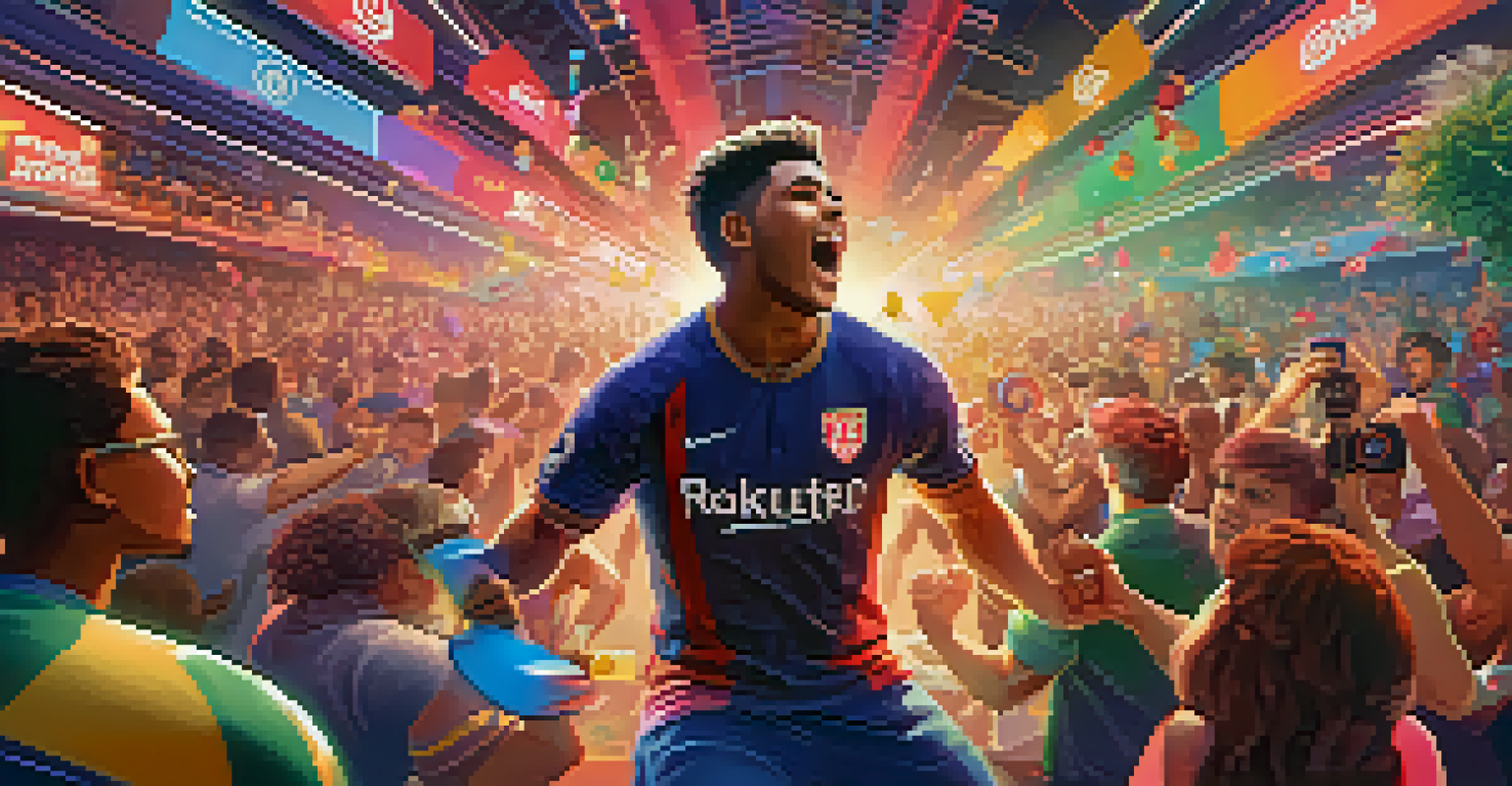 A player character in a dynamic pose, wearing a virtual jersey, surrounded by an exciting gaming environment.