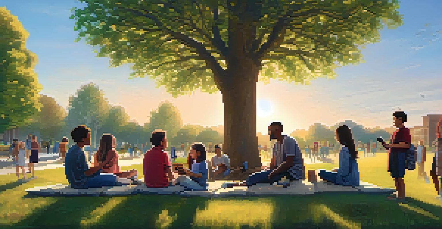 A community gathering in a park with people sharing ideas under a large tree during golden hour.